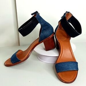 Frye Denim Blue and Black Ankle Strap Block Heel Sandals